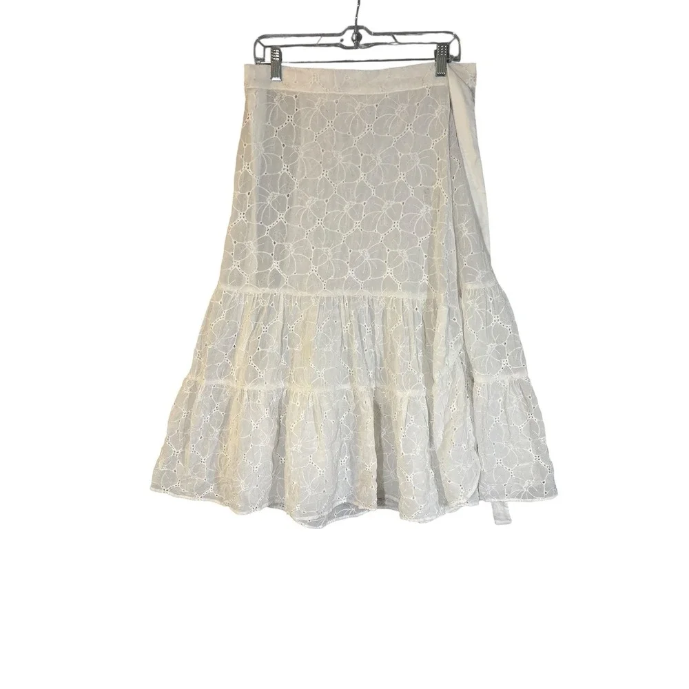 Vintage‎ White Eyelet Lace Wrap Midi Skirt Cottagecore Feminine Country Prairie